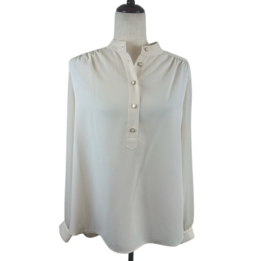 Anne Klein Blouse Women's Size Large Cream Mandarin Collar Pearl Button Casual